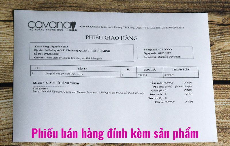 Phiếu giao hàng đính kèm theo sản phẩm