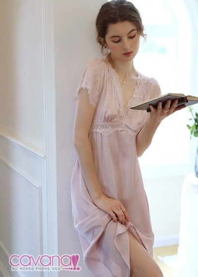 Đầm ngủ quyến rũ phối ren cổ chữ V dễ thương Góc Nắng