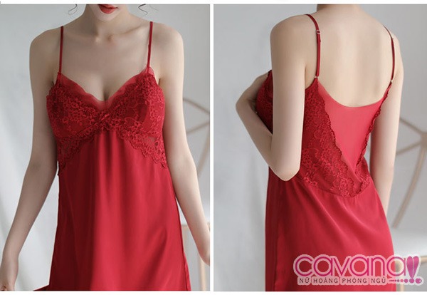 Đầm ngủ hai dây thun phối ren Uyên Ương - Đỏ Đầm ngủ hai dây thun phối ren Uyên Ương - Đỏ