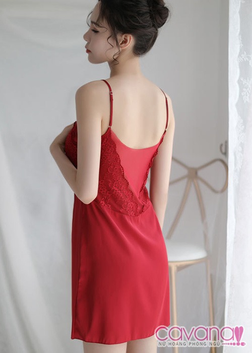Đầm ngủ hai dây thun phối ren Uyên Ương - Đỏ Đầm ngủ hai dây thun phối ren Uyên Ương - Đỏ