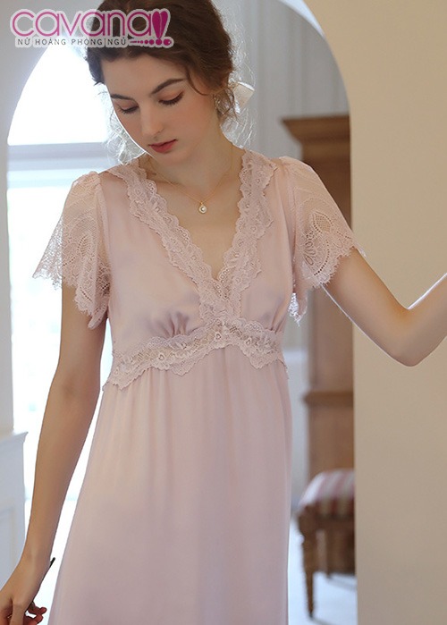 Đầm ngủ quyến rũ phối ren cổ chữ V dễ thương Góc Nắng