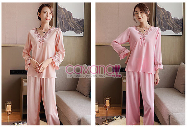 Đồ ngủ Pijama dài tay phối ren cổ chữ V Hoa Hồng Leo - Hồng Đồ ngủ Pijama dài tay phối ren cổ chữ V Hoa Hồng Leo - Hồng