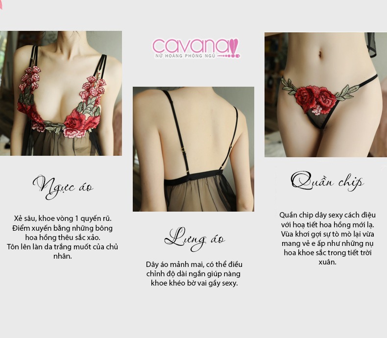 Váy ngủ gợi cảm Tường vy cánh mỏng - Đen