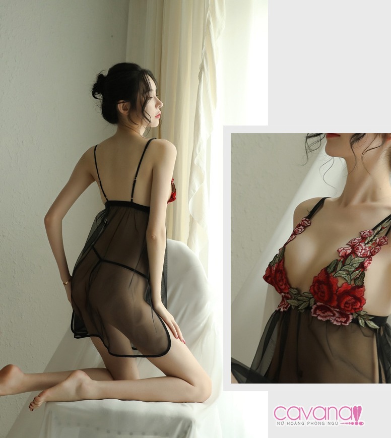 Váy ngủ gợi cảm Tường vy cánh mỏng - Đen