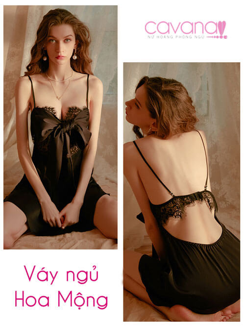 Váy Ngủ Lụa Hoa Mộng - Đen